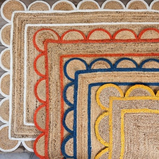 Rectangle Jute rugs with scallop edge and coloured frame  120cm x 180cm